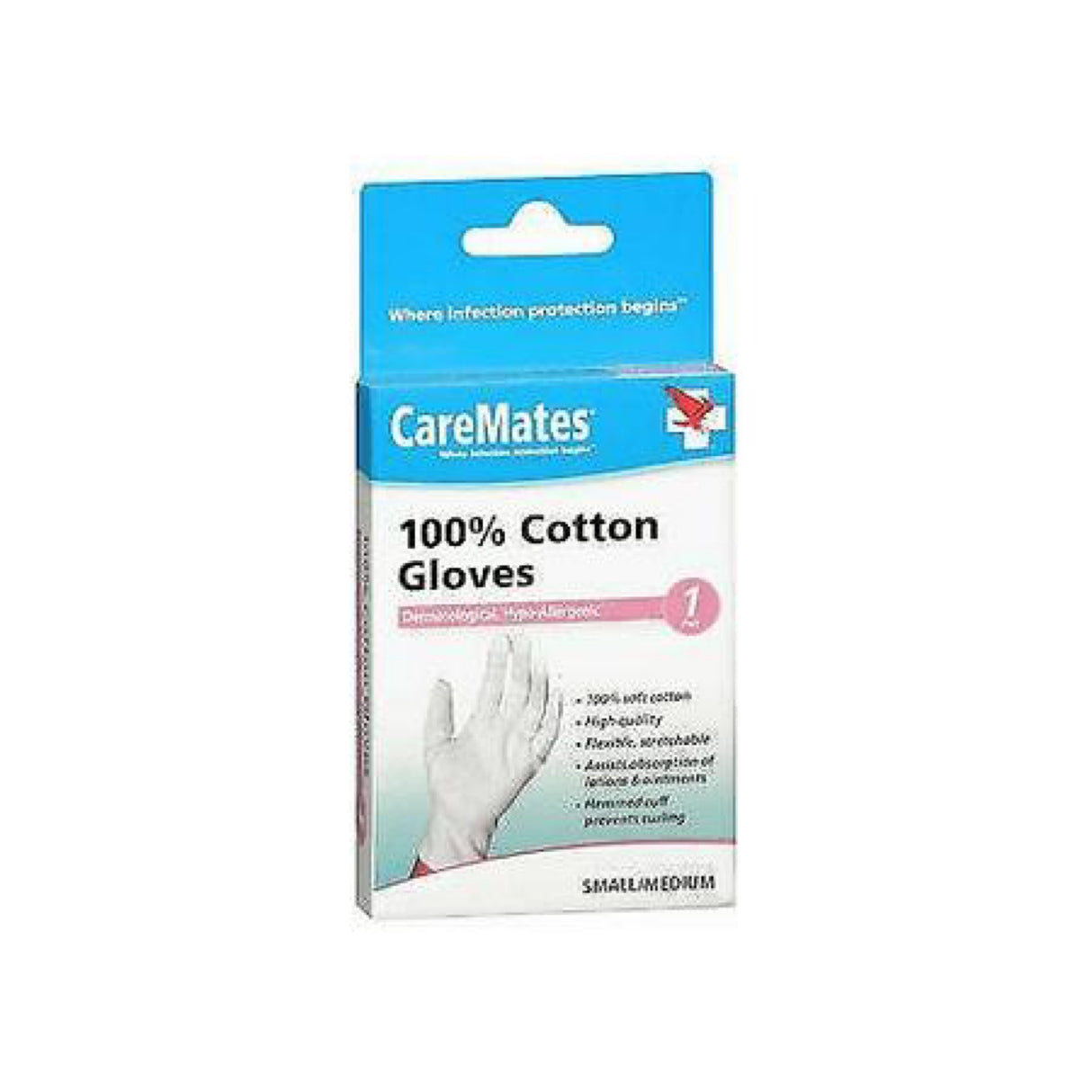 Caremates 100% Cotton Gloves Hypo-Allergenic Small/Medium 1 Pair