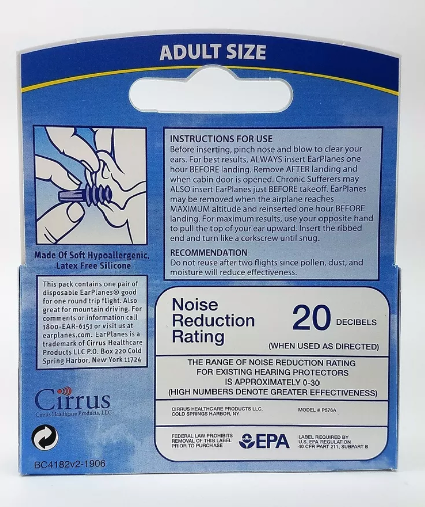 EarPlanes Ear Plugs 1 Pair (Pack of 6)