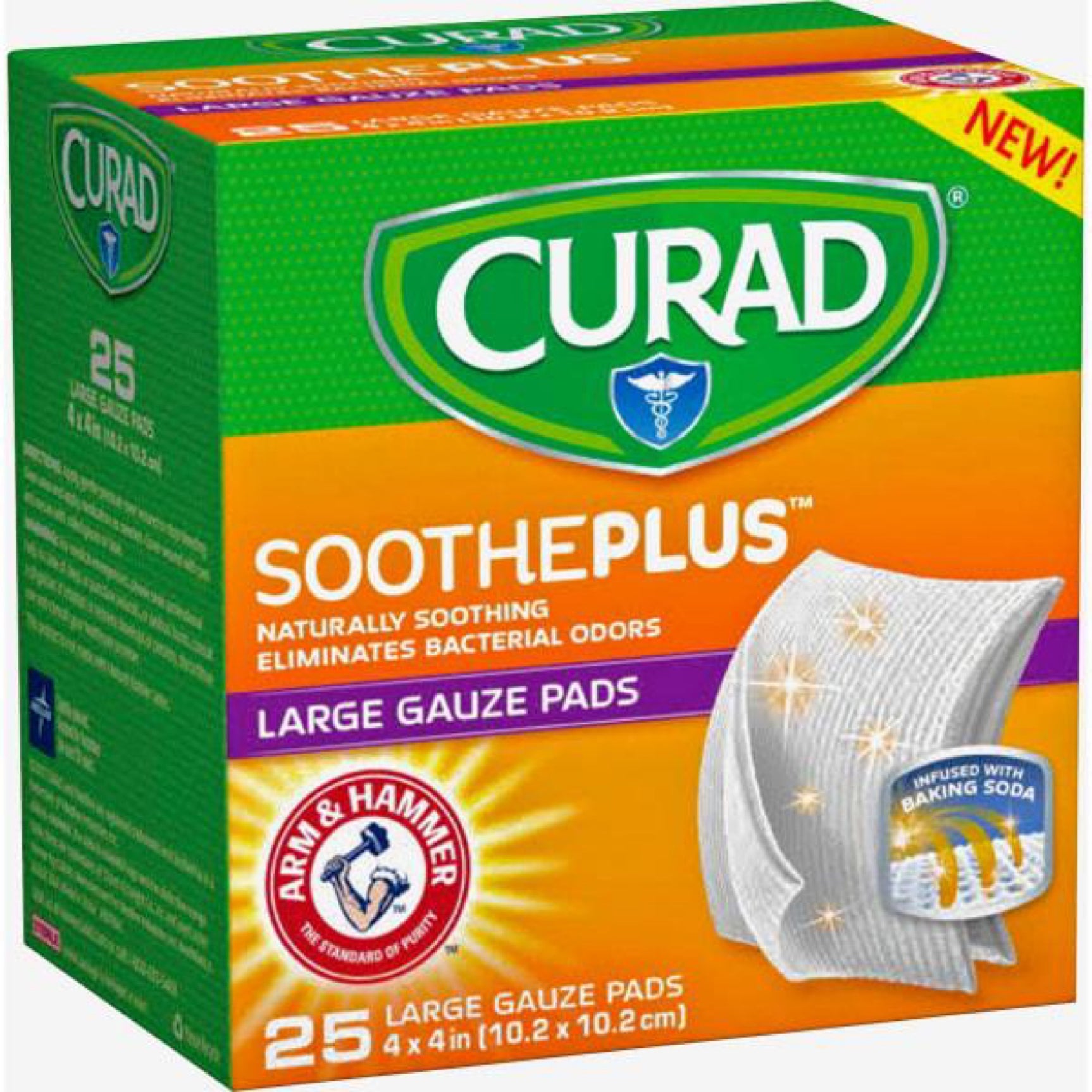 Curad SoothePlus Gauze Pads with Arm & Hammer Baking Soda, Large 4" x 4"