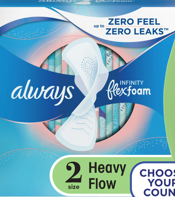 Always Infinity Feminine Pads with Wings, Size 2, Heavy Absorbency, Unscented, 32 Count