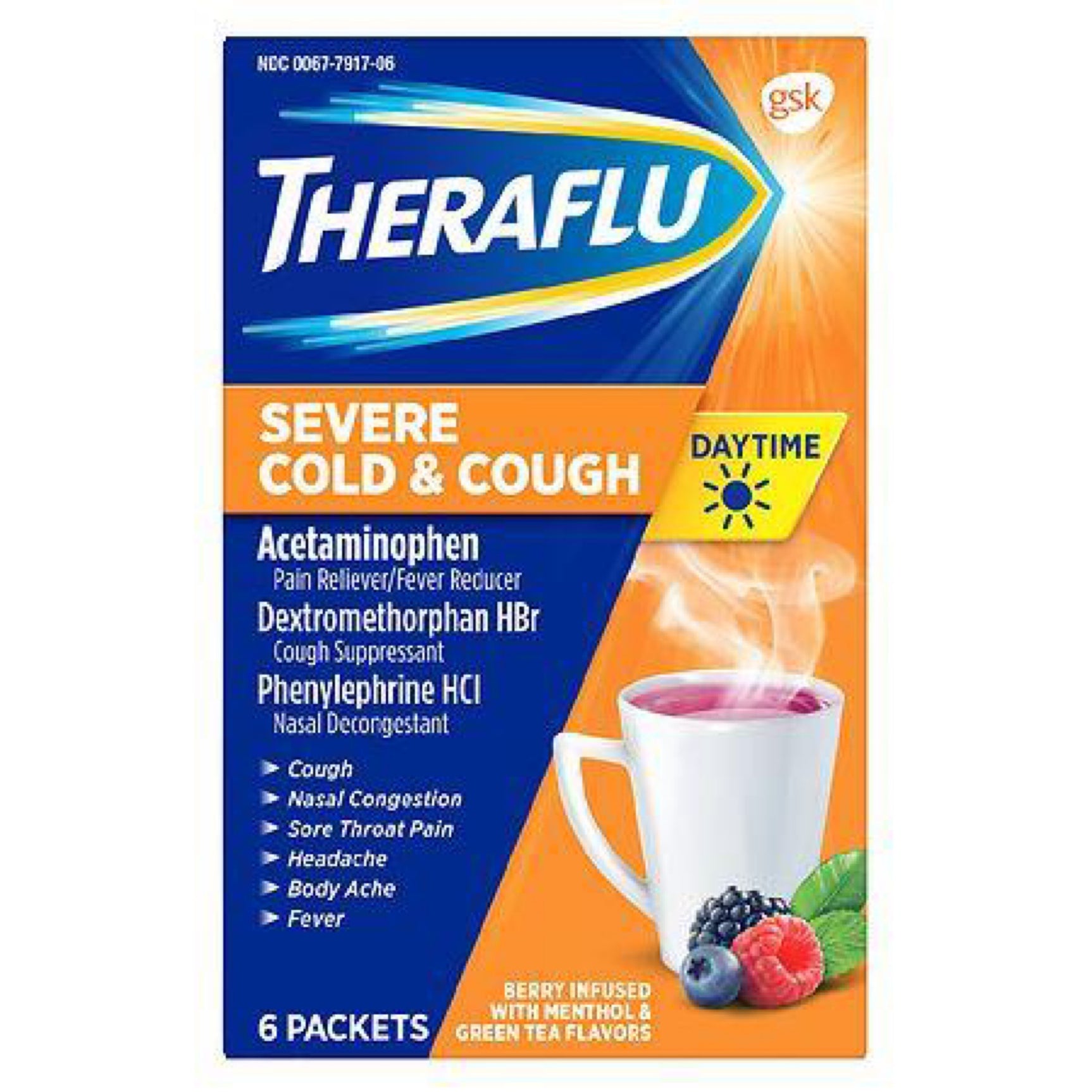 gsk Theraflu Day Time Severe Cold & Cough Berry Infused w/ Menthol Hot Liquid Powder For Cough & Cold Relief