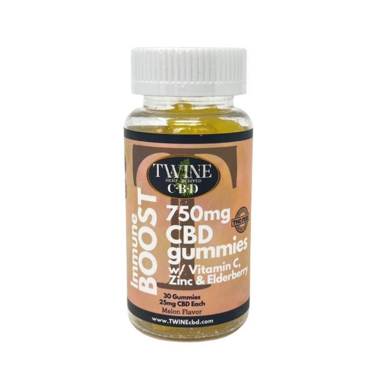 Twine 750mg CBD Immune Boost Gummies w/ Vitamin C, Zinc, & Elderberry 99% Pure Organic CBD Isolate THC Free 30pcs-Melon Flavor
