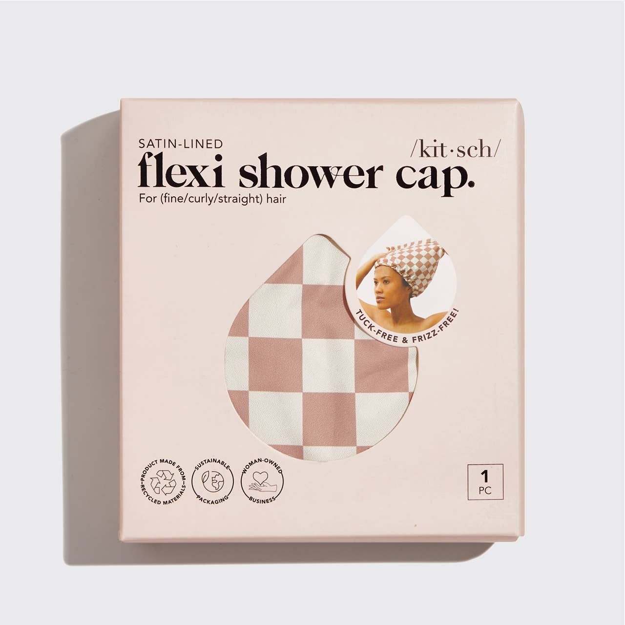 Satin Lined Flexi Shower Cap - Terracotta Checker - Image 5