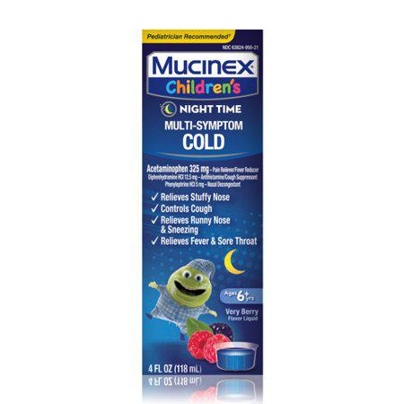 Cold and Fever, Mucinex Children's Multi-Symptom, Night Time Cold Liquid, Mixed Berry, 4oz, Reduces Fever, Controls Cough, Relieves Stuffy Nose
