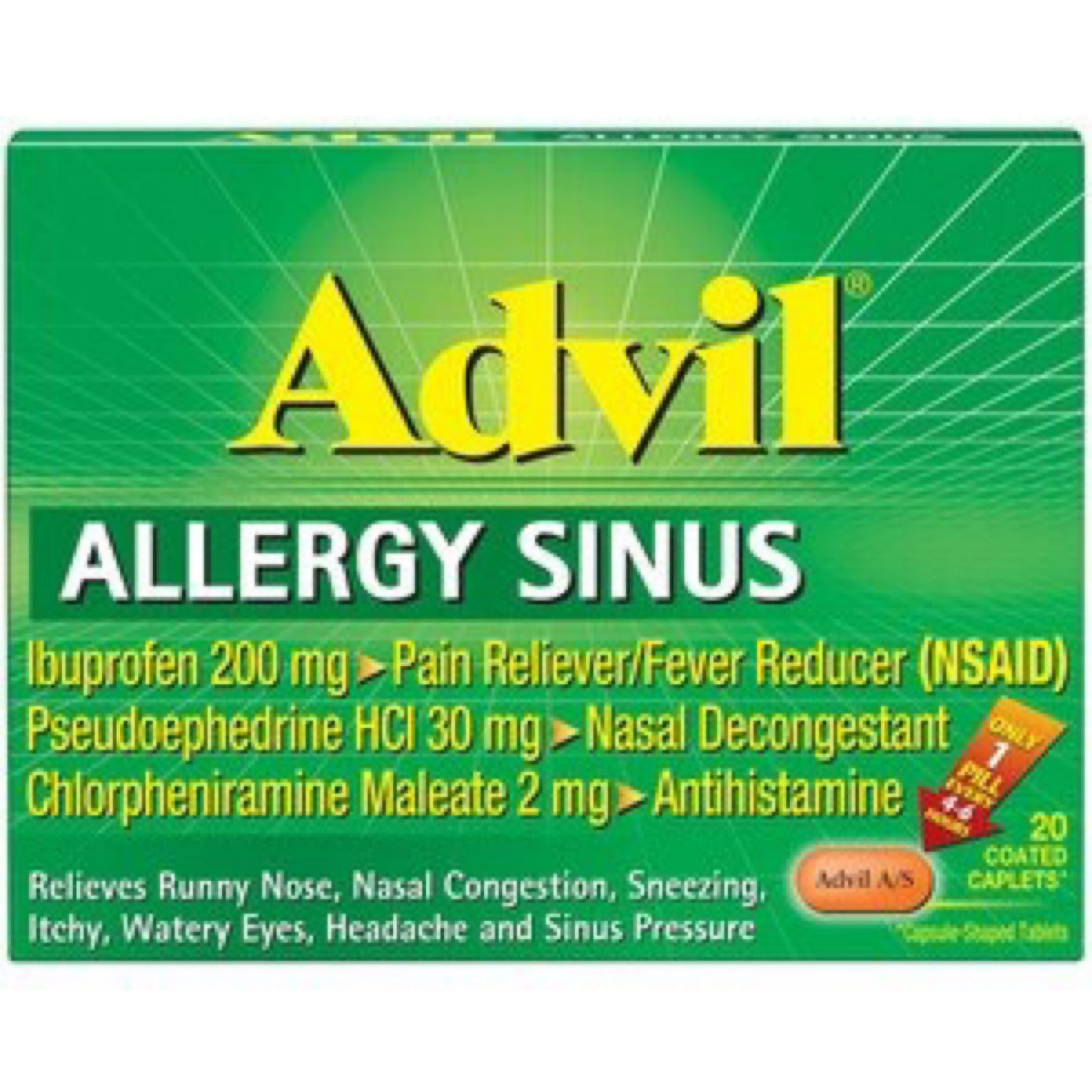 Advil Allergy Sinus Relief Coated Caplets, Pain Reliever & Allergy Relief, 20 Count