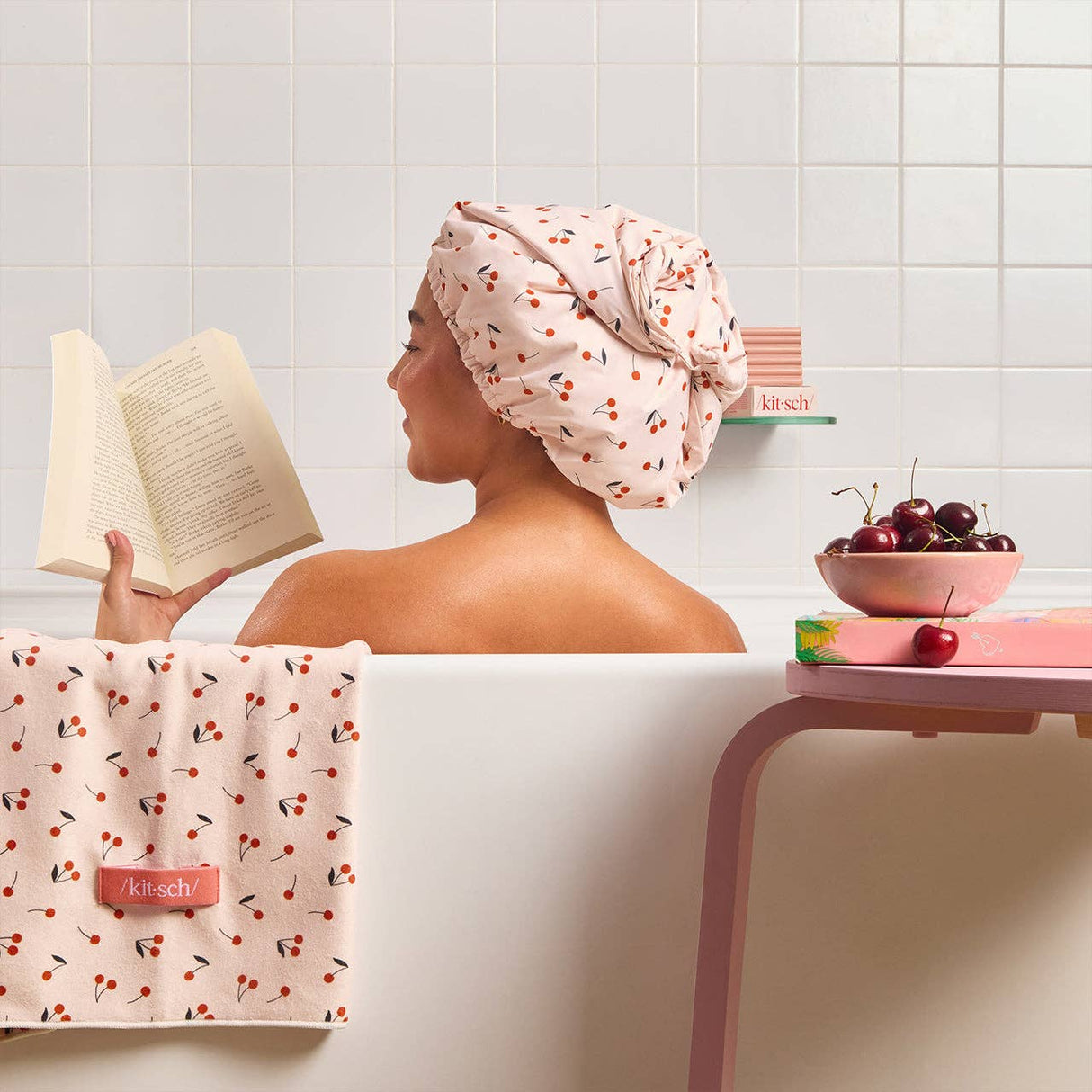 Satin-Lined Flexi Shower Cap - Cherry Print