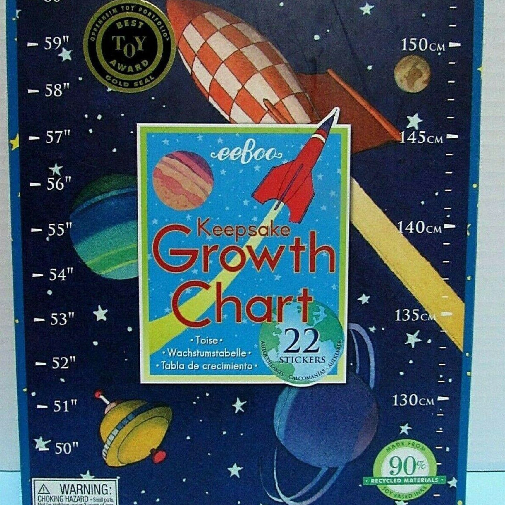 EEBOO: Outer Space Growth Chart, Measurements Come in Both Inches and Centimeters, 22 Different Stickers Included