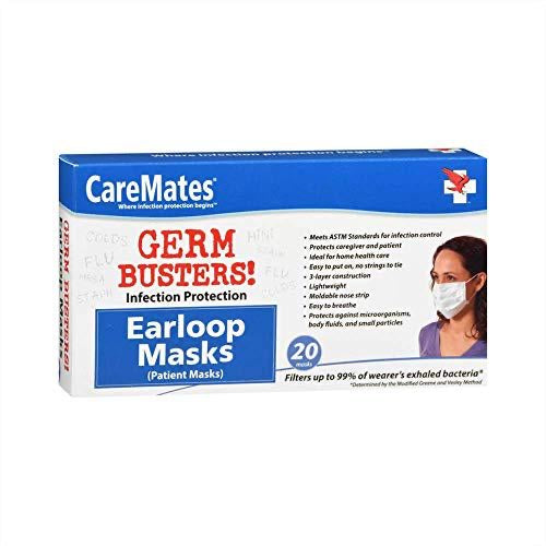 Caremates Soft Disposable 3-Ply Elastic Earloop Patient Mask, Fluid Resistance, 99% Bacterial & Small Particle Filtration