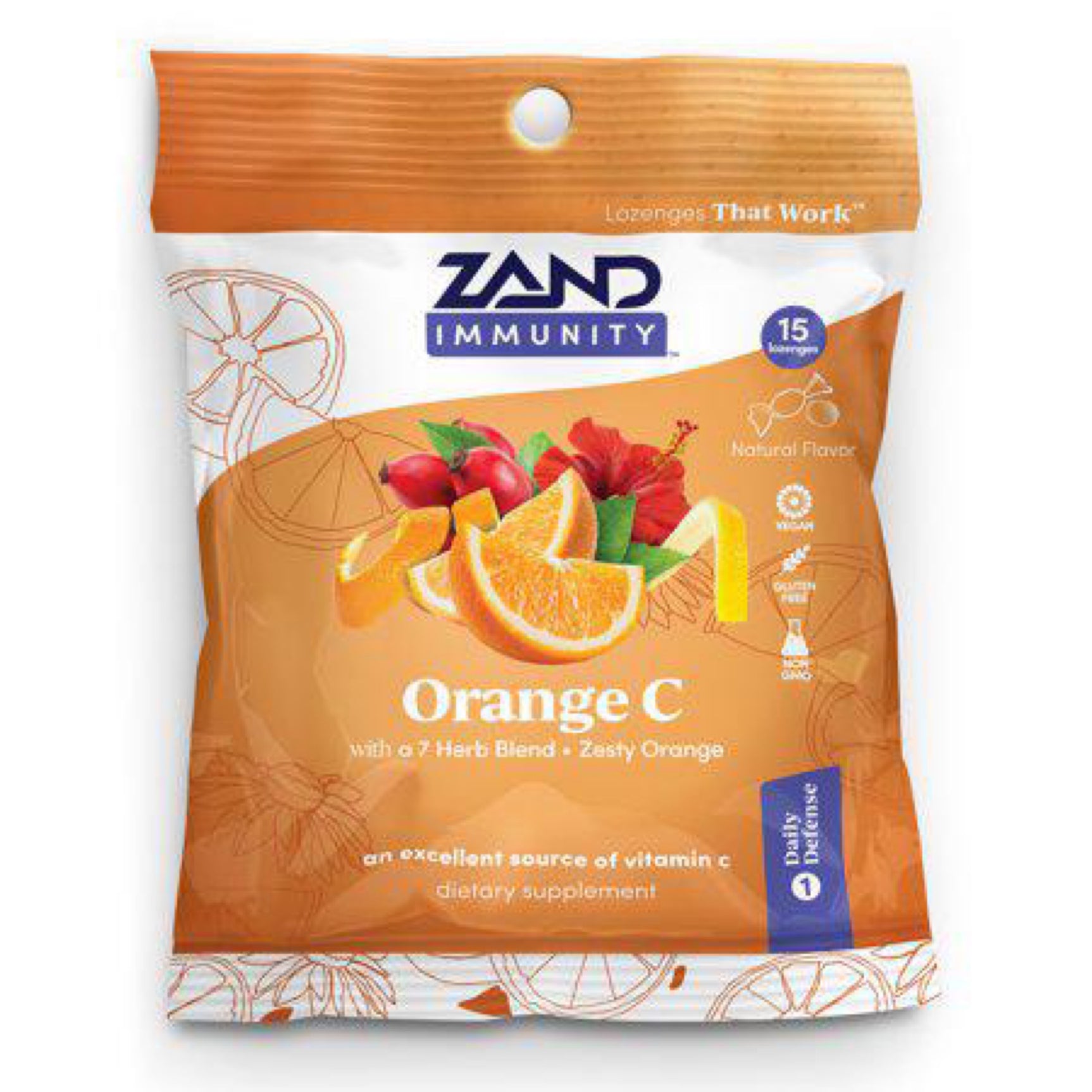 Zand Herbalozenge Orange C-Vitamin C Lozenges w/ Herbal Extracts for Throat-No Corn Syrup Sugar Artificial Colors-15ct
