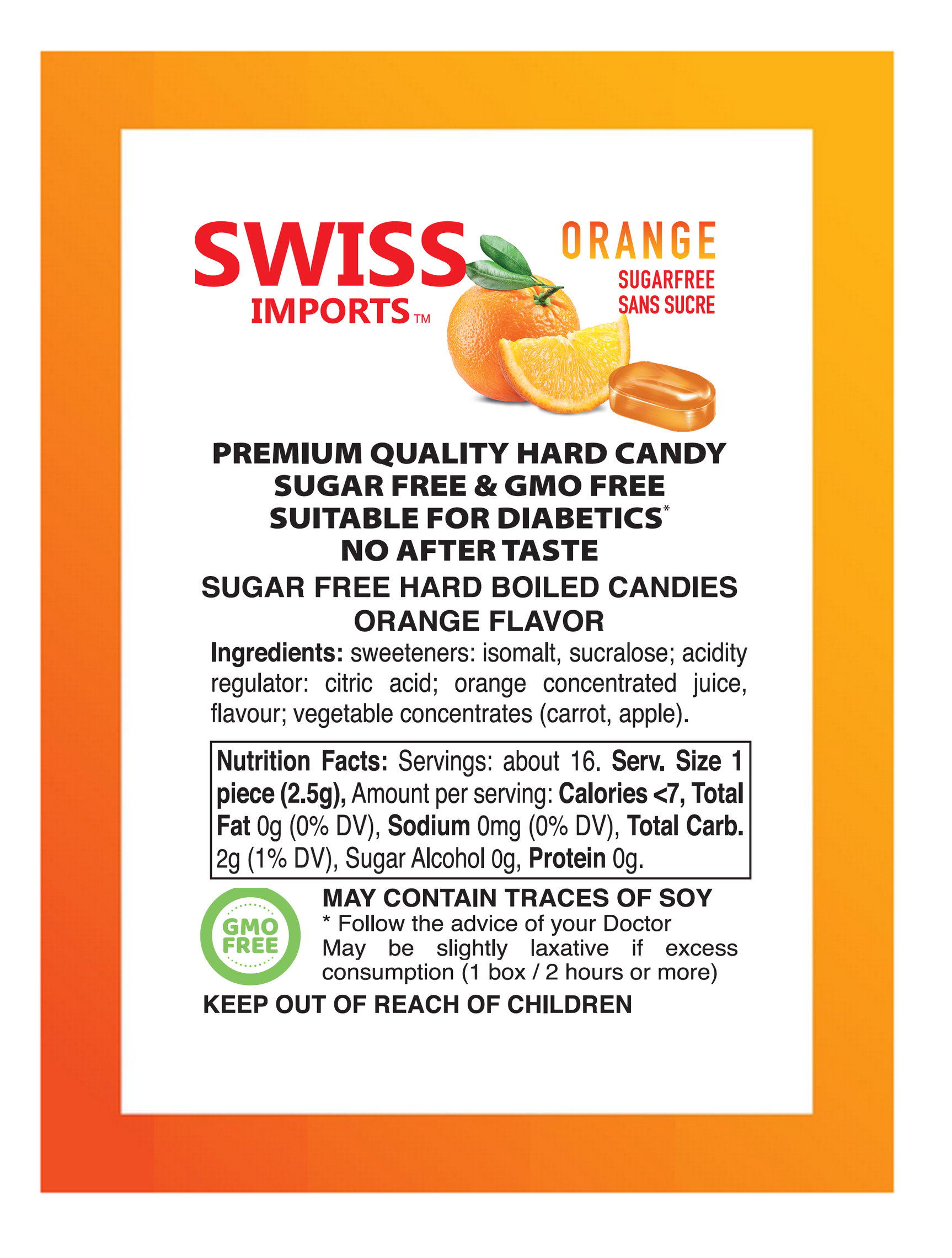 Swiss Imports Bonbons Sugar Free Orange Candy 40g - Image 3