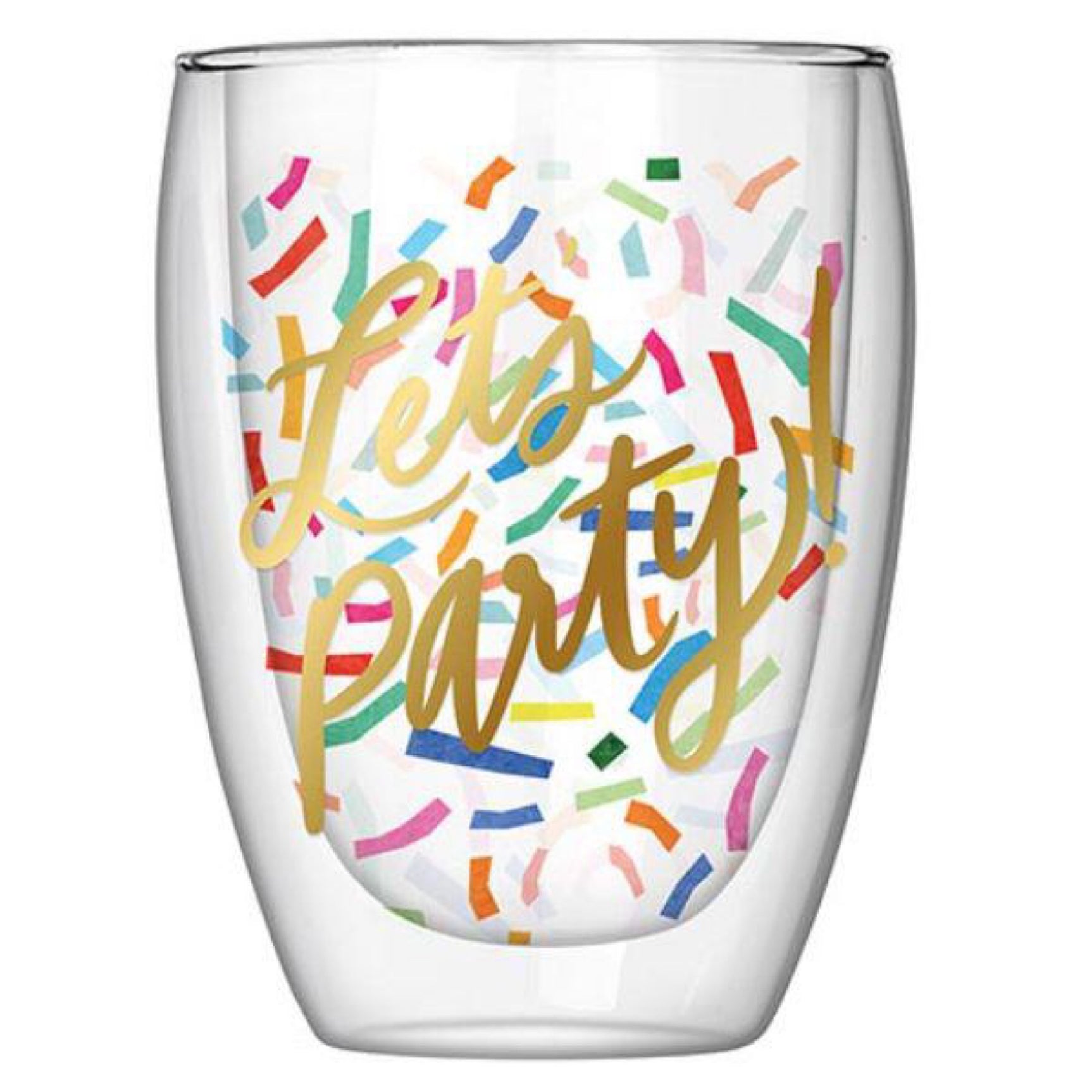 Slant Collection Double-Wall Stemless Wine Glass - "Let's Party!" 10 oz