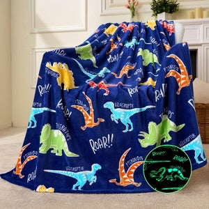 iscream Glow In The Dark Silky Plush Dinosaur Print Fleece Throw Blanket