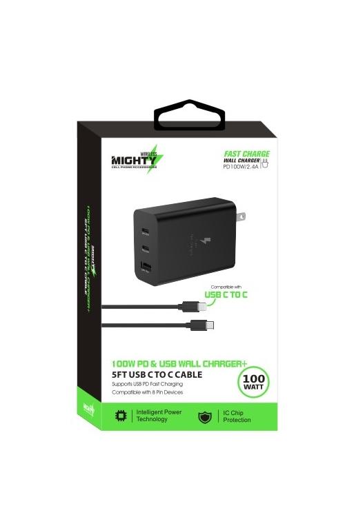 Unidad de pared Mighty Wireless de 100 W + cable USB-C a USB-C de 1.5 m con 3 puertos