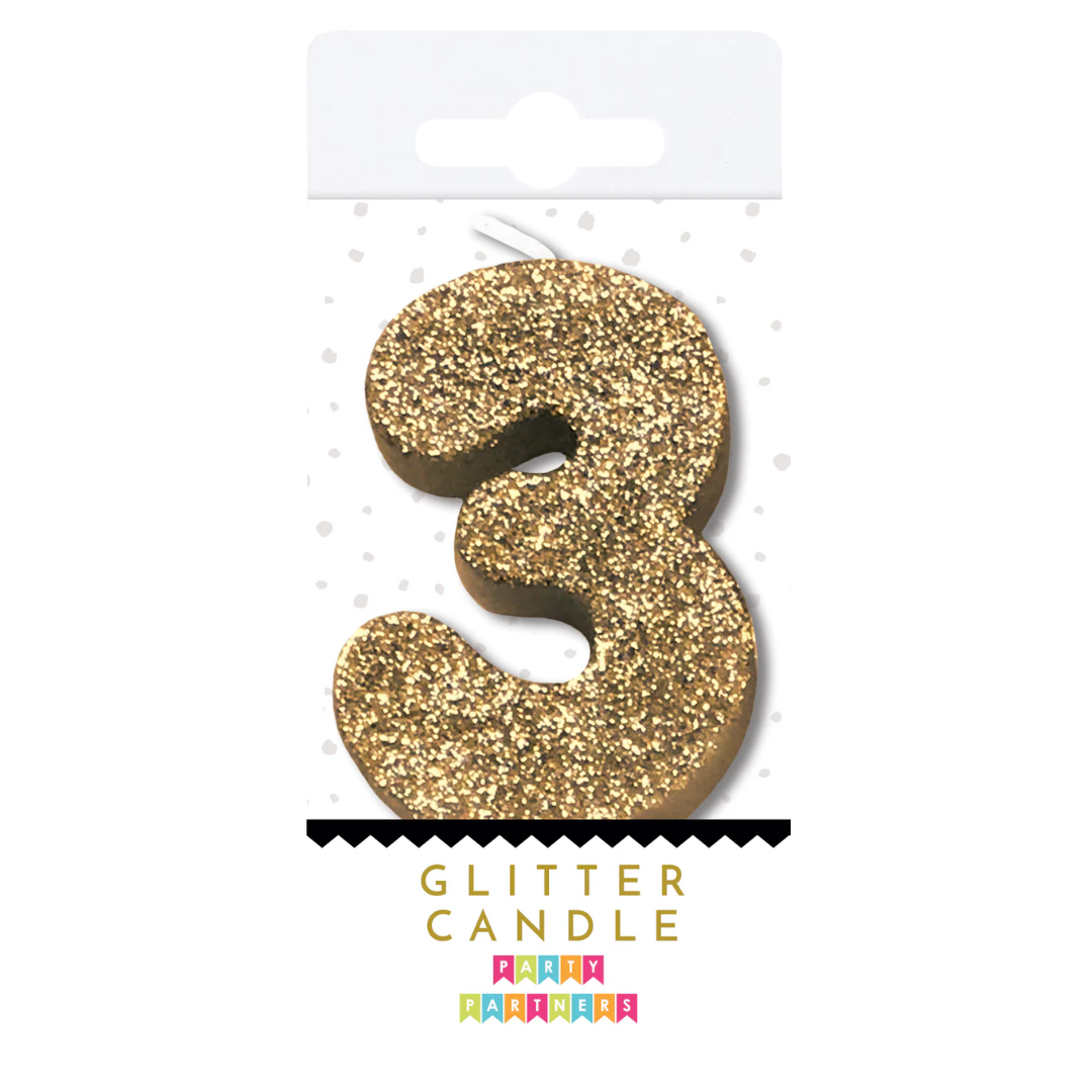 Party Partners Gold Glitter Number 3 Candle