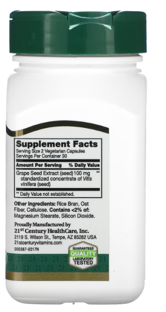 21st Century, Grape Seed Extract, Standardized, 100 mg, 60 Vegetarian Capsules (50 mg per Capsule)