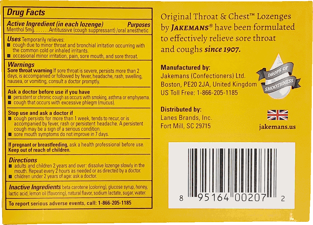 Jakemans Throat & Chest Honey Lemon Lozenges Box - 24 Ct