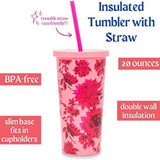 ban.do Pink/Red Floral Sip Sip Insulated Tumbler with Reusable Straw, 20 Ounce Travel Cup, Potpourri