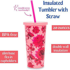 ban.do Pink/Red Floral Sip Sip Insulated Tumbler with Reusable Straw, 20 Ounce Travel Cup, Potpourri