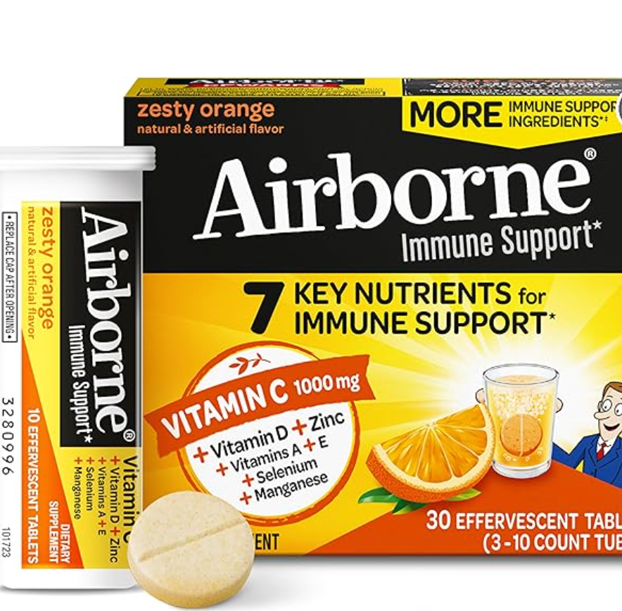 Airborne 1000mg Vitamin C with Zinc, Immune Support Supplement with Powerful Antioxidants Vitamins A C & E ,30 Tablets, Zesty Orange Flavor