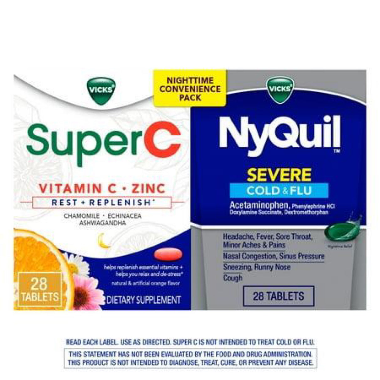 Vicks Nyquil and Super C Convenience Pack: Nyquil Severe Medicine for Max Strength Cold and Flu Relief Super C Rest and Replenish daily Supplement with Vitamin C Ashwagandha ct