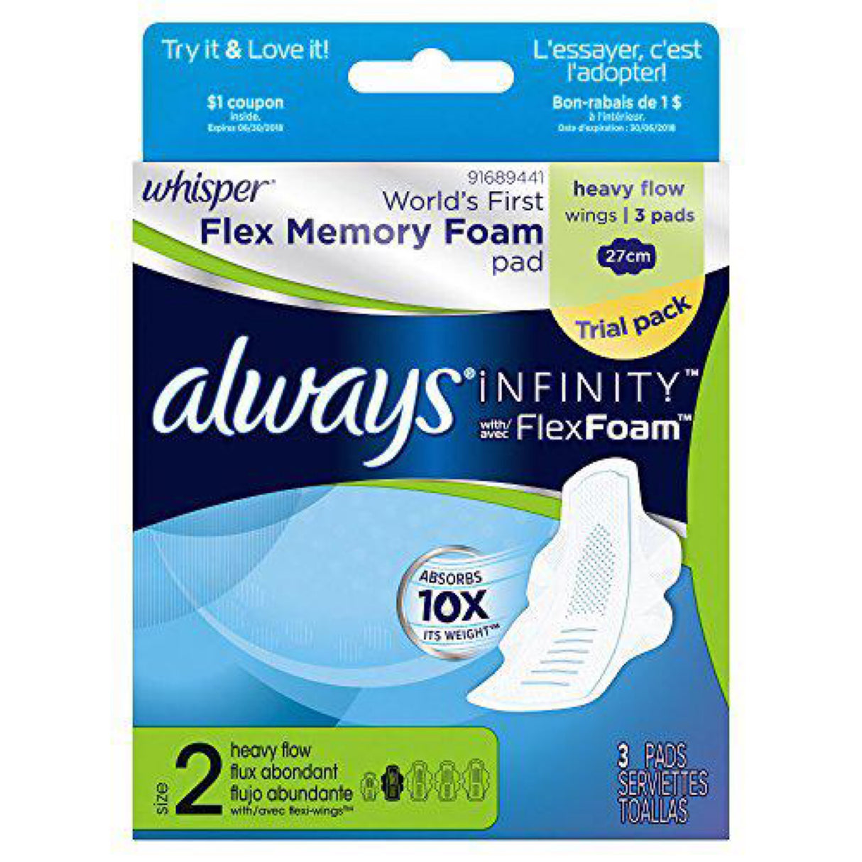 Always Infinity Feminine Pads with Wings, Size 2, Heavy Absorbency, Unscented, 32 Count