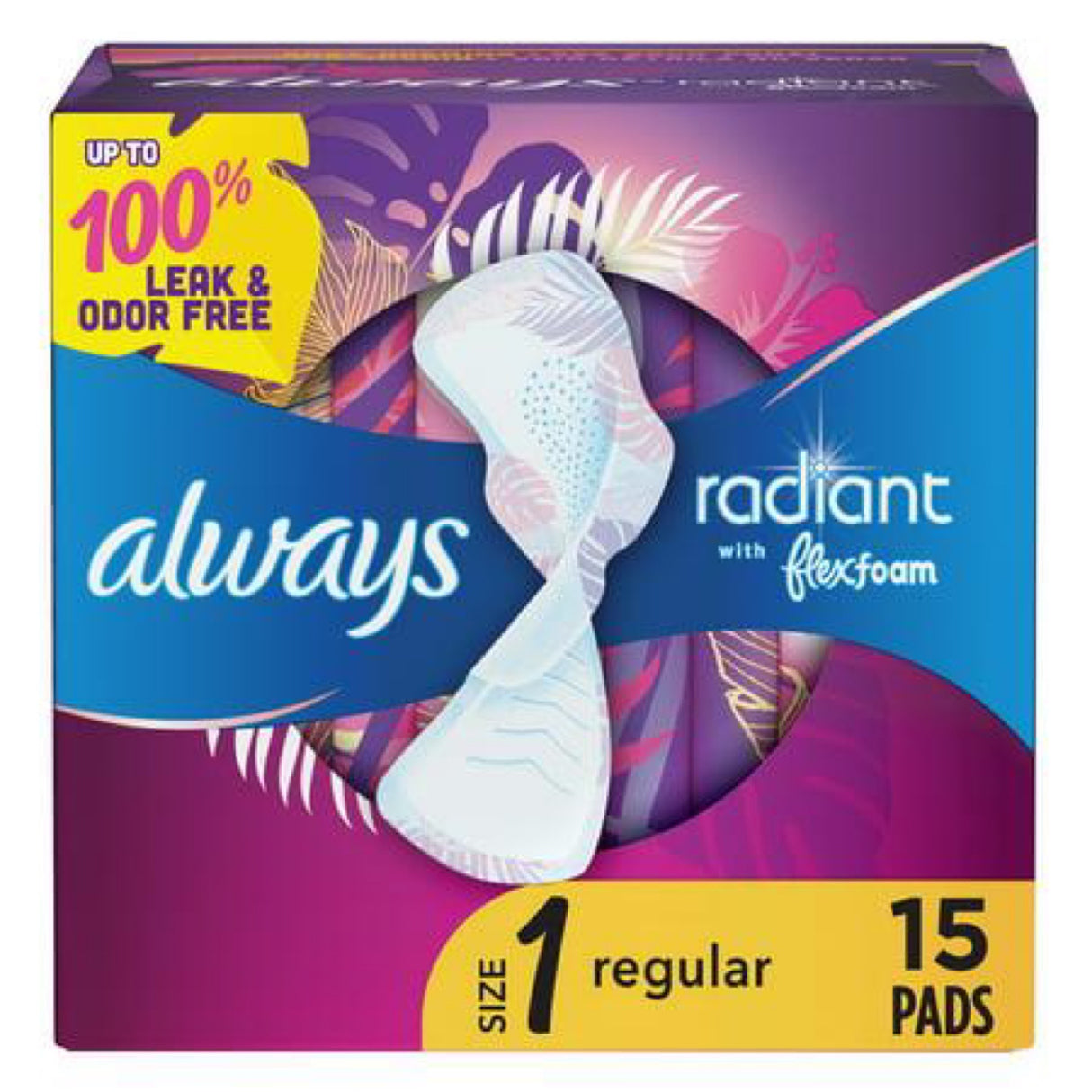 Always Radiant Feminine Pads with Wings, Size 1, Regular Absorbency, Scented, 15 Count