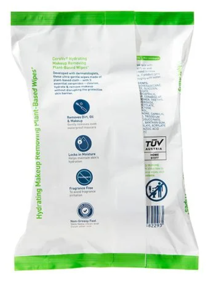 CeraVe Hydrating Makeup Remover Wipes, Plant Based Facial Cleansing Wipes for Sensitive Skin, Fragrance-Free