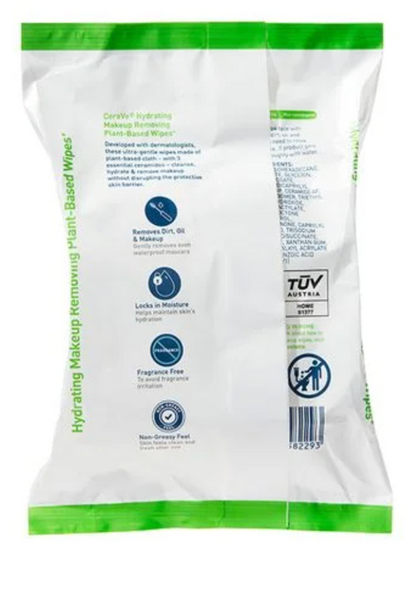 CeraVe Hydrating Makeup Remover Wipes, Plant Based Facial Cleansing Wipes for Sensitive Skin, Fragrance-Free