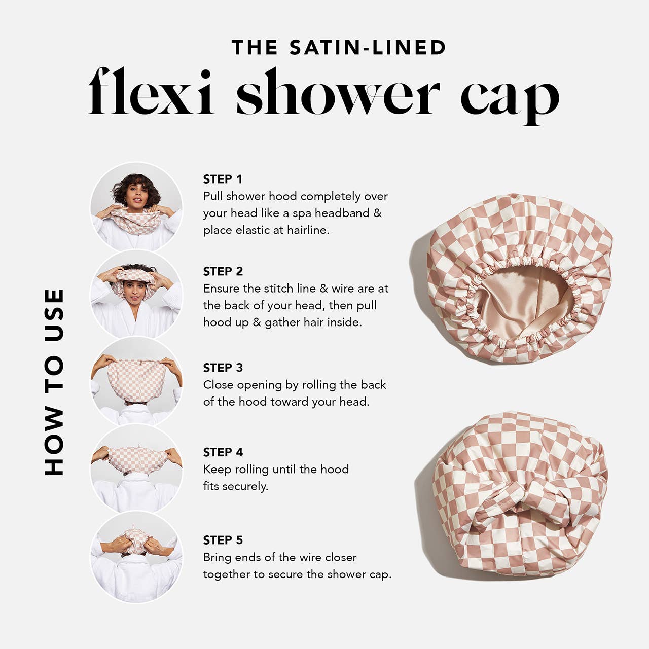 Satin Lined Flexi Shower Cap - Terracotta Checker - Image 3