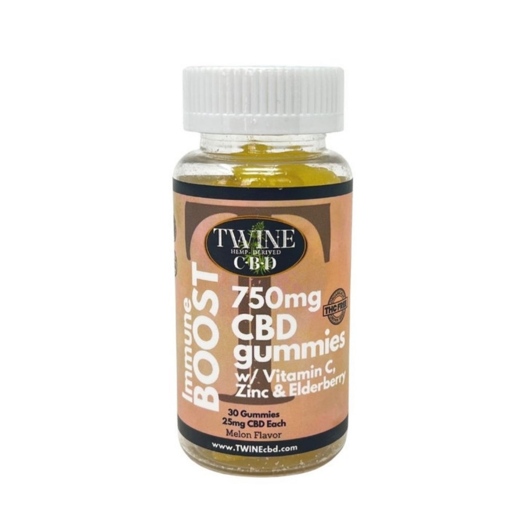Twine 750mg CBD Immune Boost Gummies w/ Vitamin C, Zinc, & Elderberry 99% Pure Organic CBD Isolate THC Free 30pcs-Melon Flavor