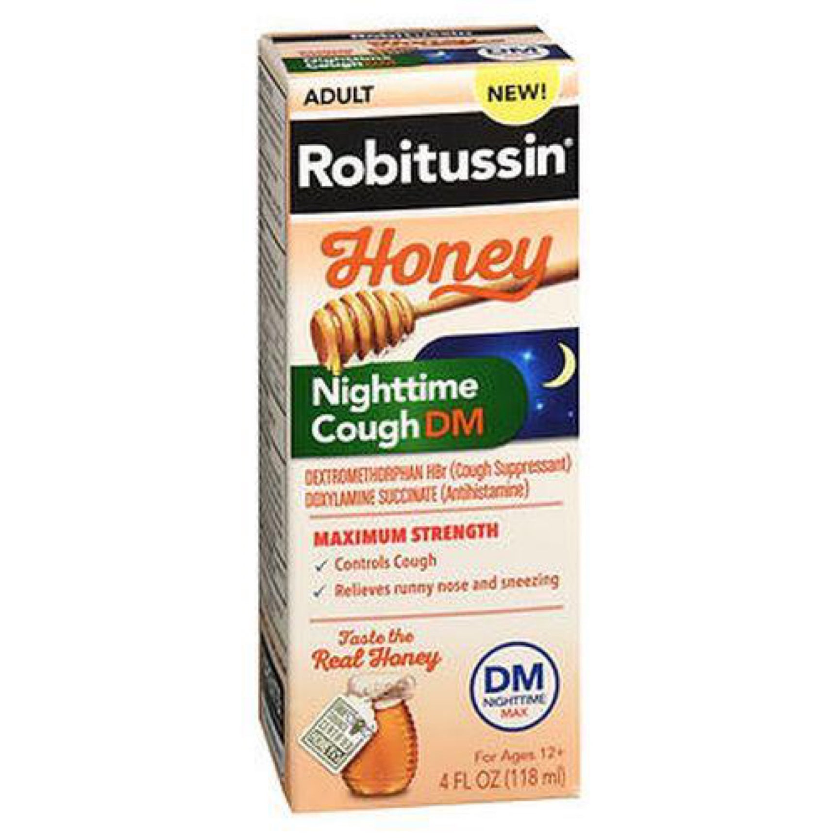 Robitussin Maximum Strength Honey Nighttime Cough DM, Cough Medicine for Adults Made with Real Honey For Flavor
