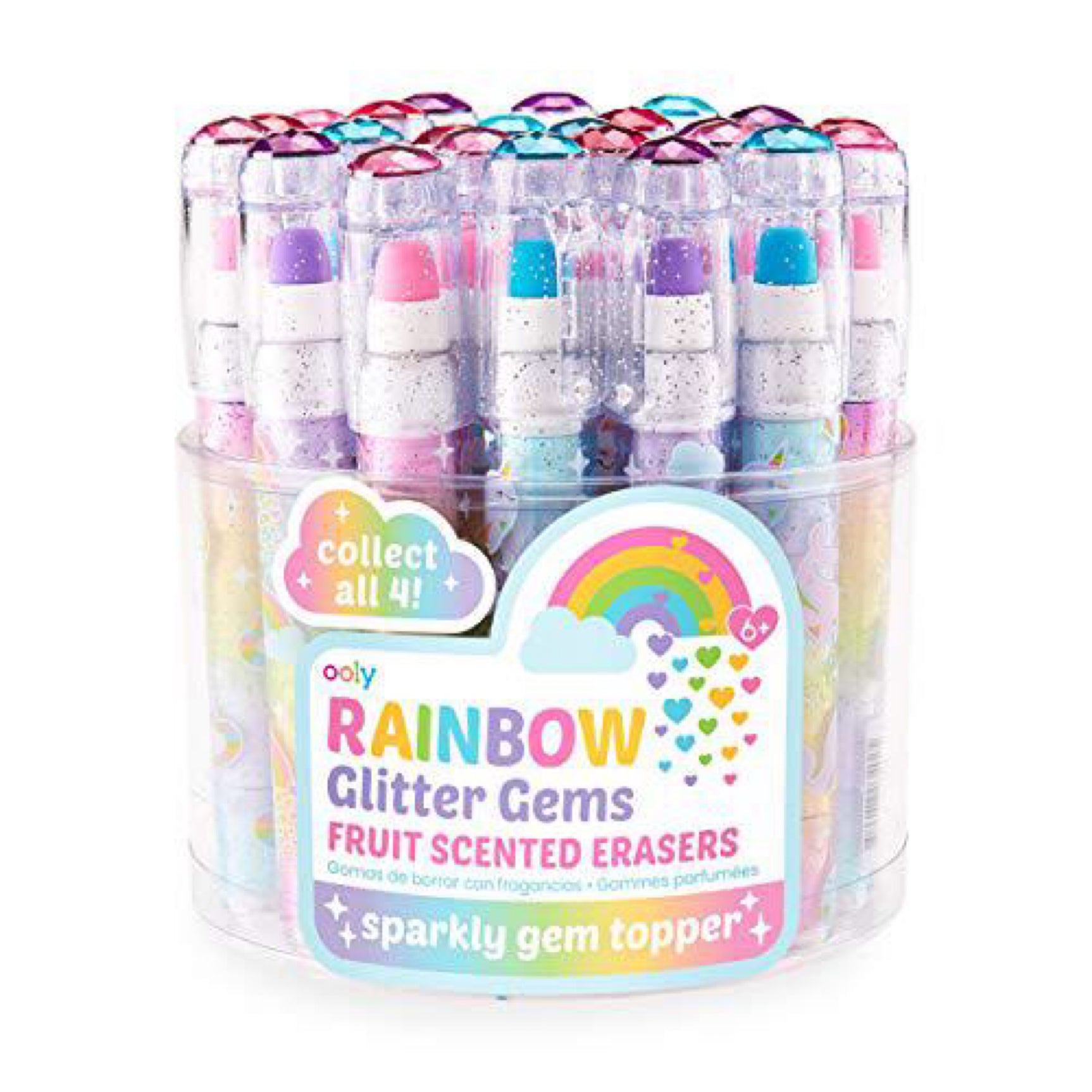 OOLY, Rainbow Glitter Gem, Fruity Scented Erasers Kit, Kids School Pencil Eraser, Stacking Pen Type
