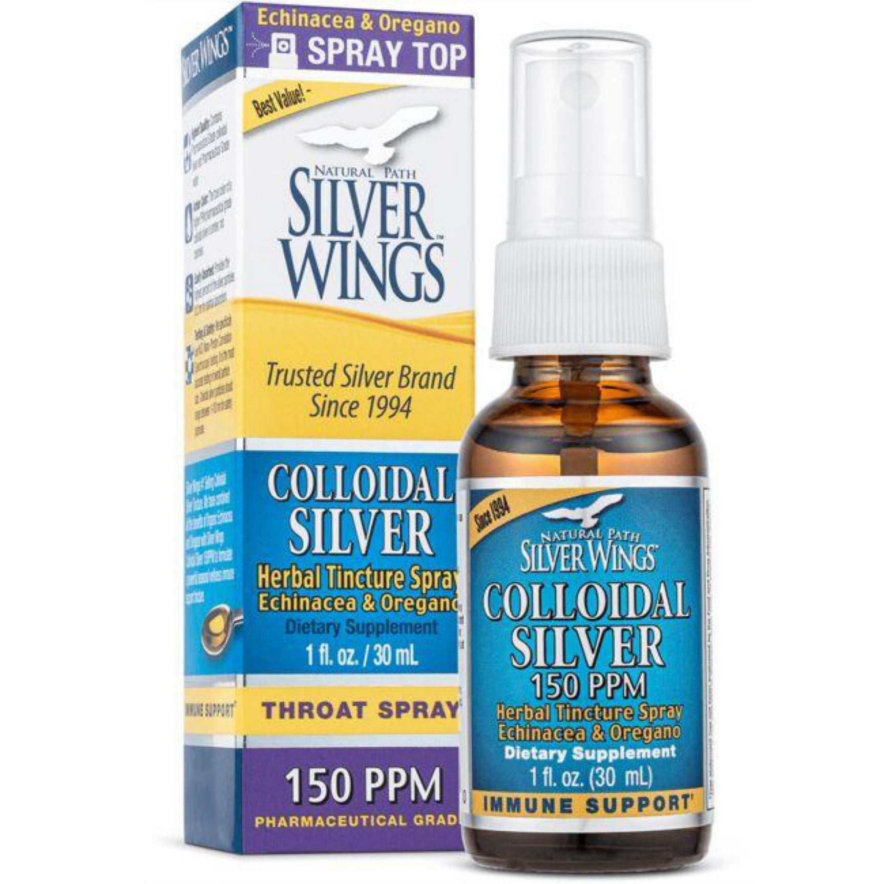 Silver Wings Plata Coloidal Herbal Equinácea y Orégano Spray Tintura para la Garganta