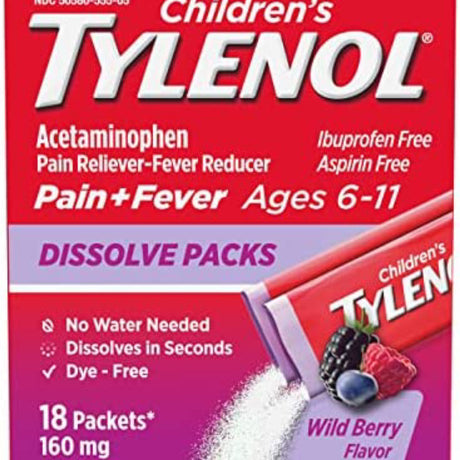 Children’s Tylenol Dissolve packs wild berry flavor