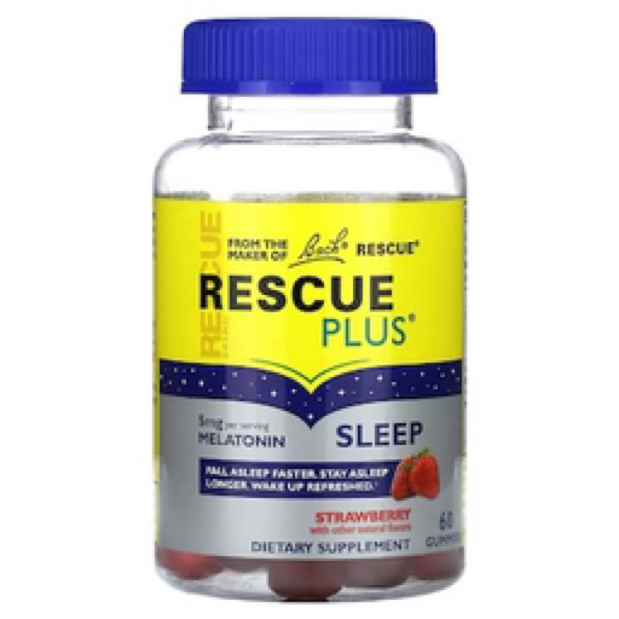 Bach Rescue Plus Melatonin Sleep Gummies, Natural Strawberry Flavor, Sleep Aid, Dietary Supplement, Vegan, Gluten-Free, No Artificial Flavors, Colors
