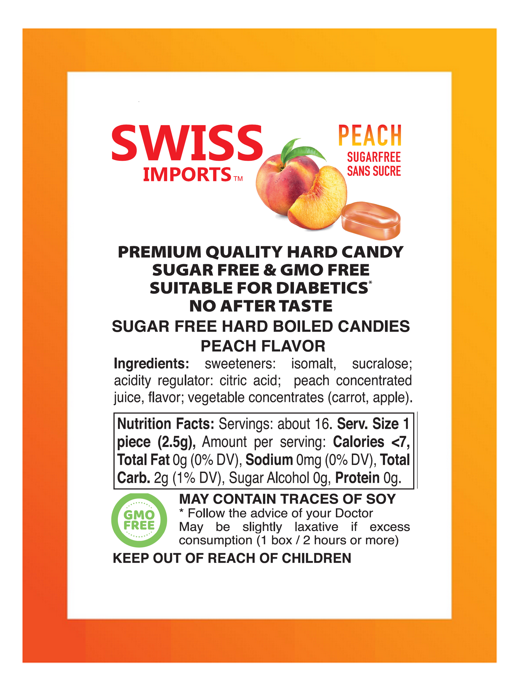 Swiss Imports Bonbons Sugar Free Peach Candy 40g - Image 3