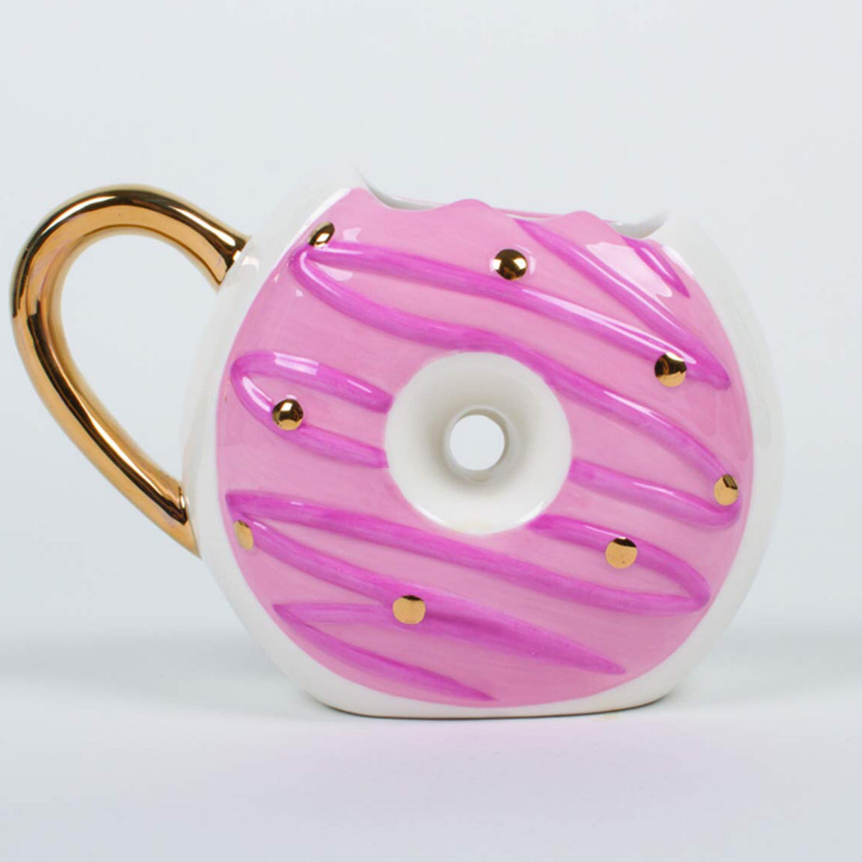 Donut Gold Tone and Pink Stripe 8 Ounce Glossy Ceramic Coffee and Tea Mug