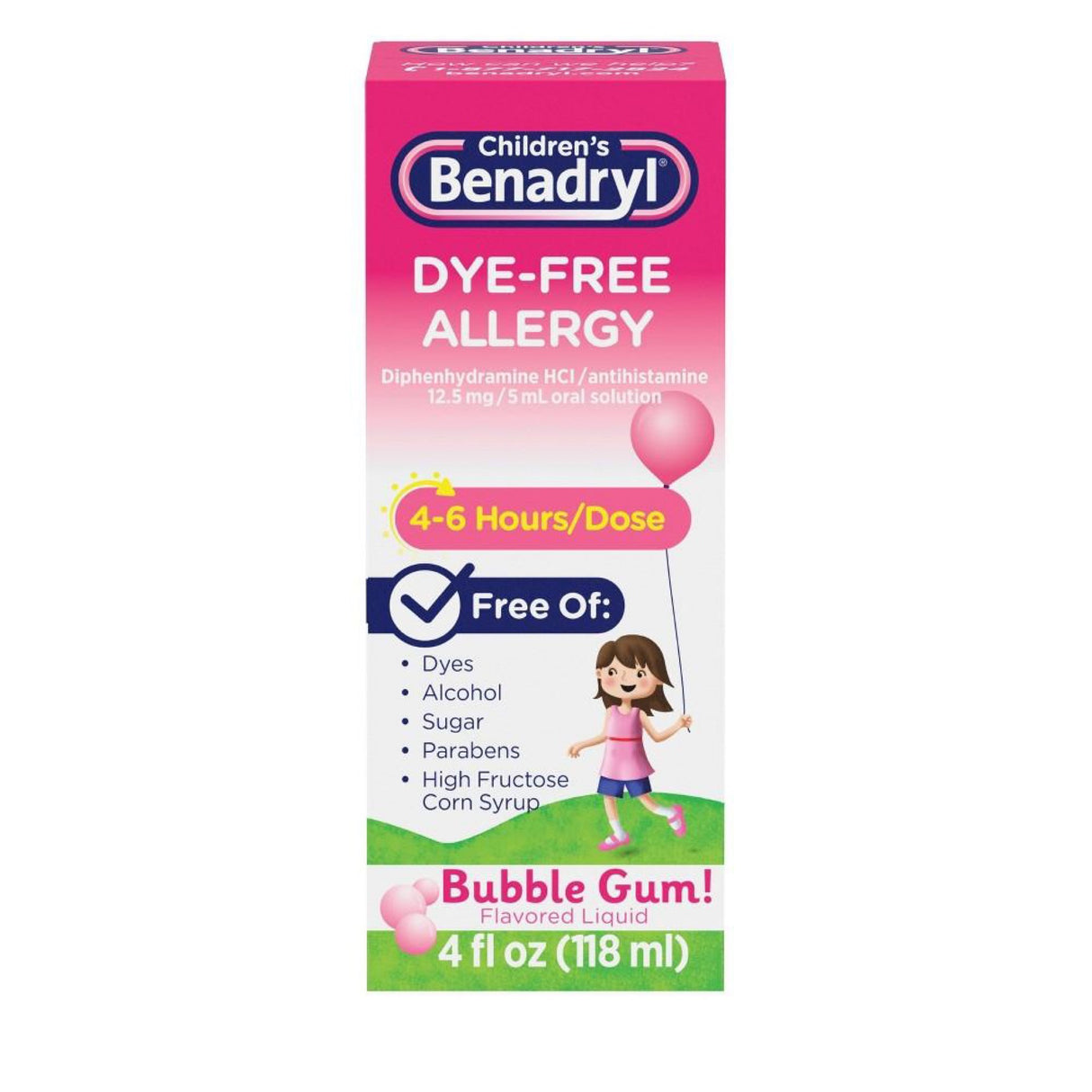 Children's Benadryl Dye-Free Allergy Liquid, 12.5mg Diphenhydramine HCl, Bubble Gum, 4 fl oz