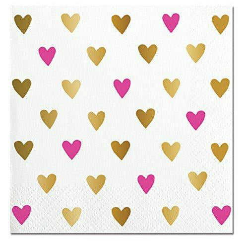 Slant Pink and Gold Foil Hearts Beverage Paper Napkins