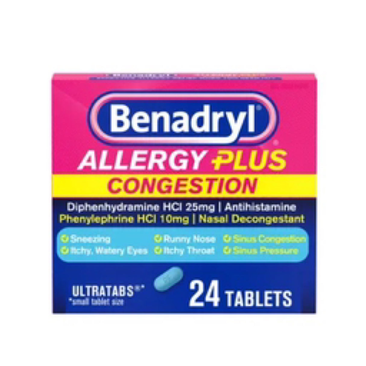 Benadryl Allergy Plus Congestion Ultratabs, Allergy Medicine with DiphenhydRAMine HCL Antihistamine & Phenylephrine HCL Nasal Decongestant, Allergy & Sinus Congestion Relief Tablets